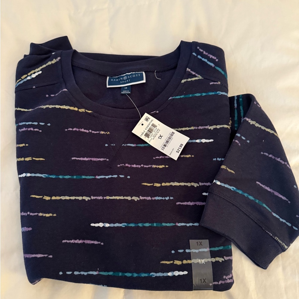 Karen Scott Women's Navy Multicolor Stripe Sweatshirt 1X NWT